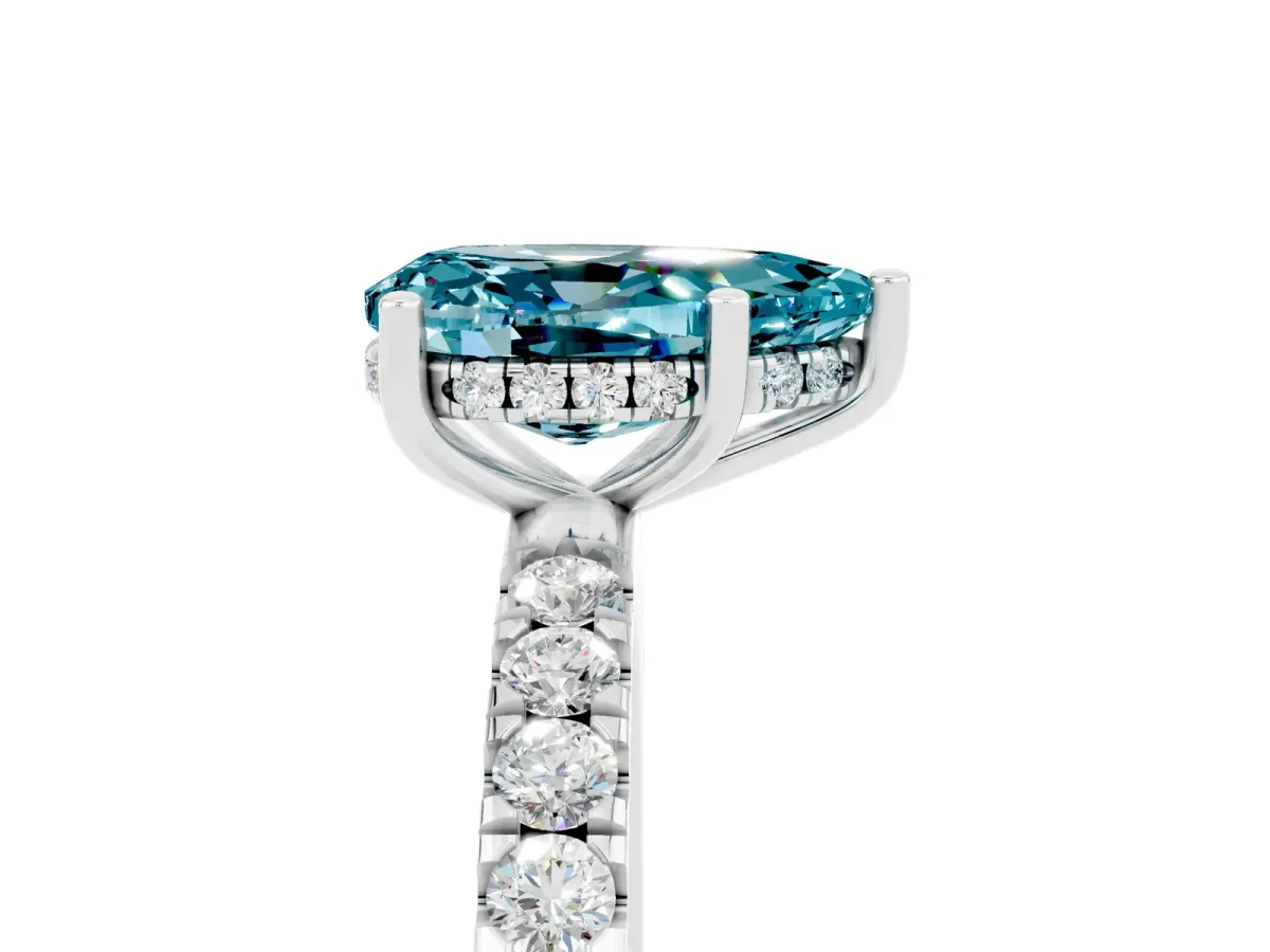 Pear Cut Blue Topaz Pave Band Solitaire Ring with Round and Prong Setting White gold