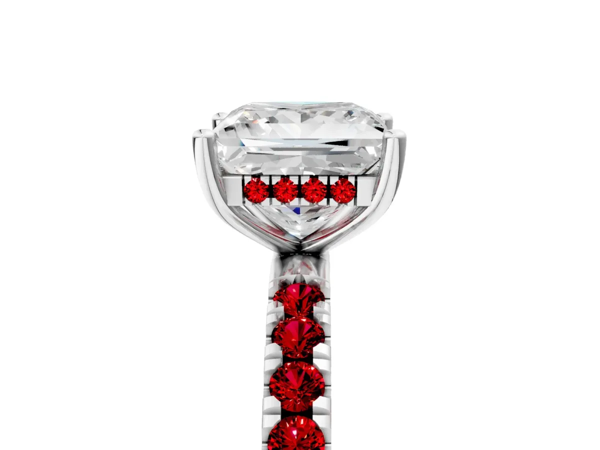 Princess Cut Diamond Pave Band Solitaire Ring with Round Ruby and Prong Setting White gold