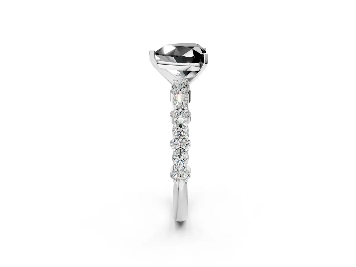 Fancy Black Heart Cut Diamond Side Stone Solitaire Ring with Round and Four-Prong Setting Platinum