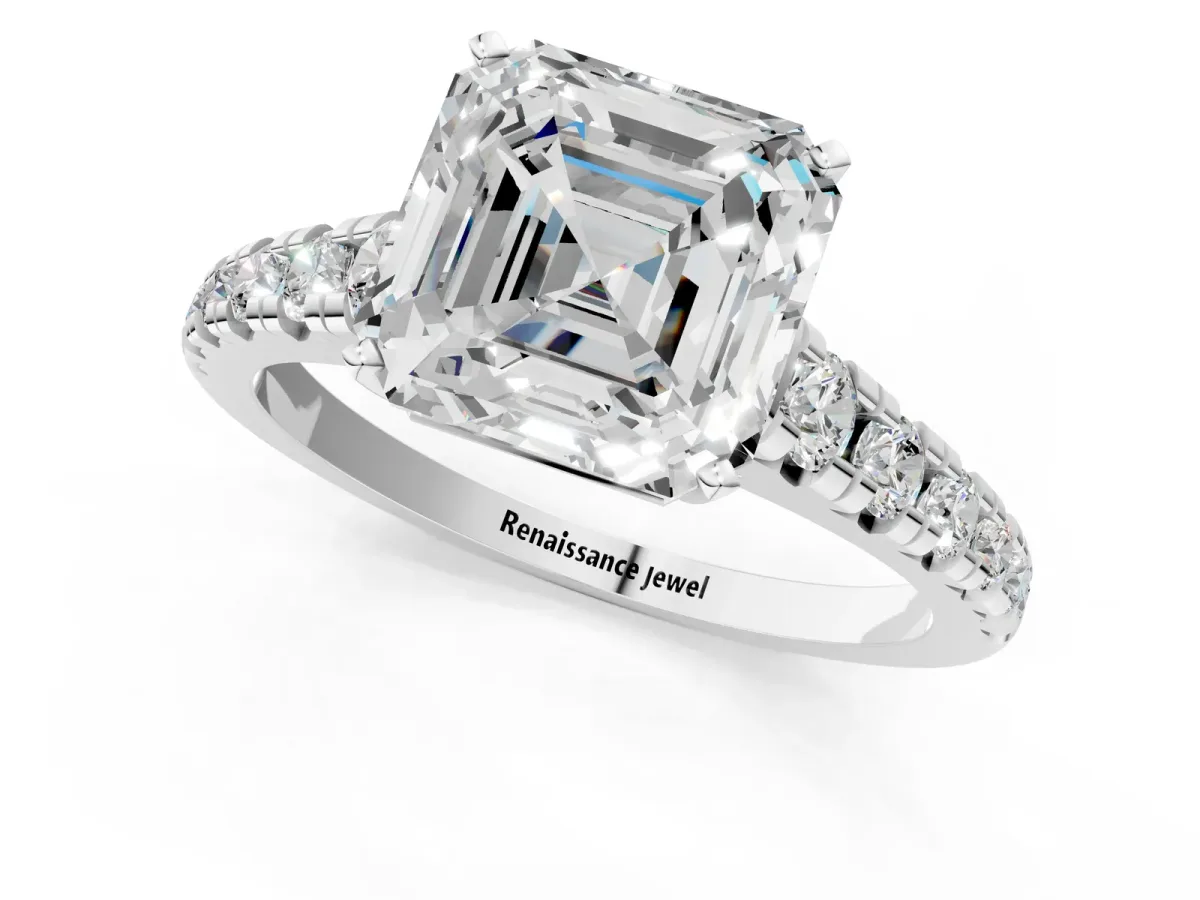 Asscher Cut Diamond Cathedral Solitaire Ring with Round Pavé Band Platinum