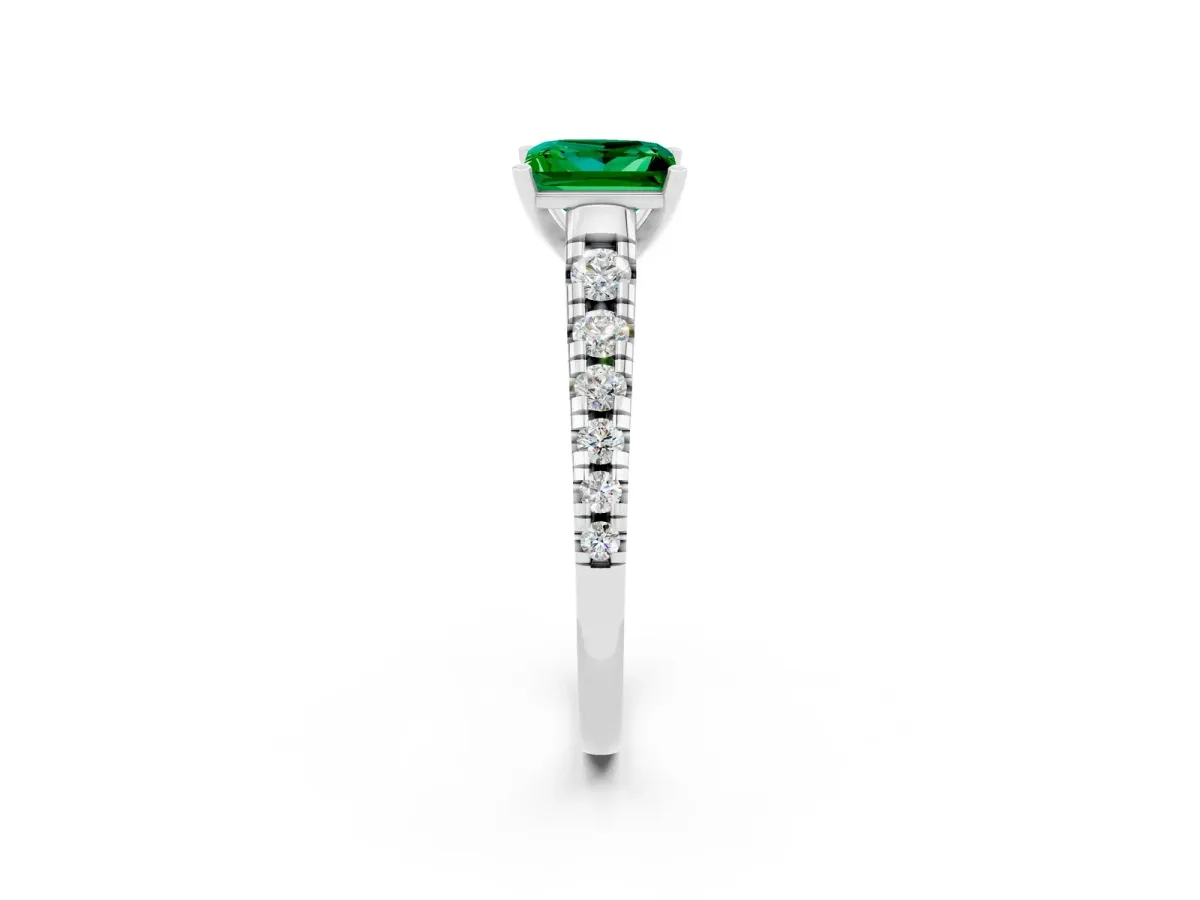 Princess Cut Emerald Cathedral Solitaire Ring with Round Pavé Band Silver