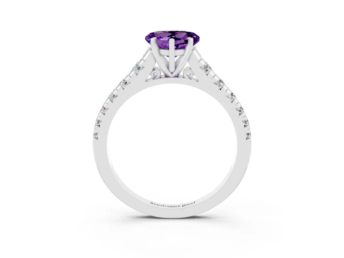 Heart Cut Amethyst Cathedral Solitaire Ring with Round Pavé Band White gold