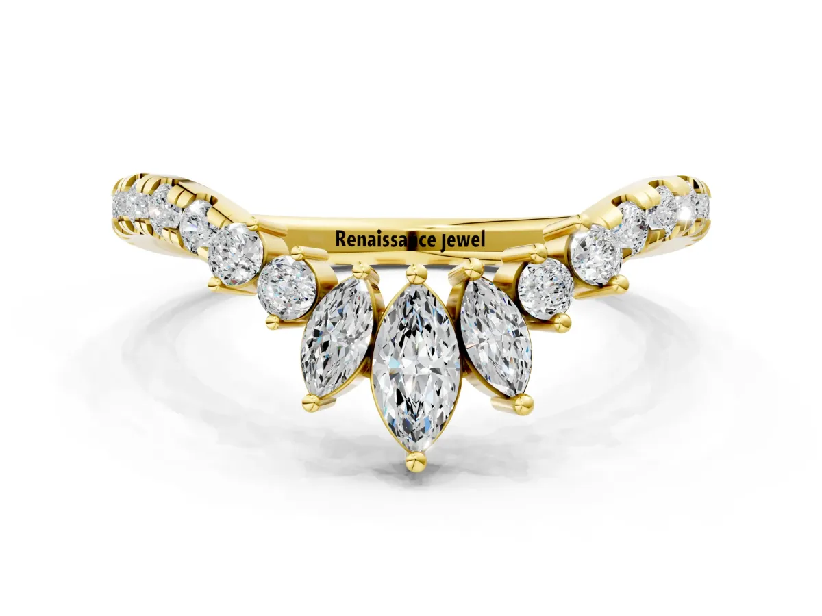 Chevron Marquise and Round Diamond Open Band with Prong Setting Yellow gold