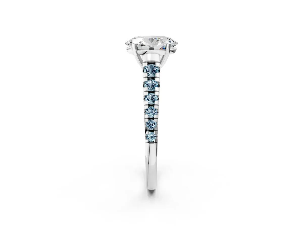 Oval Cut Diamond Cathedral Solitaire Ring with Round Aquamarine Pavé Band Silver