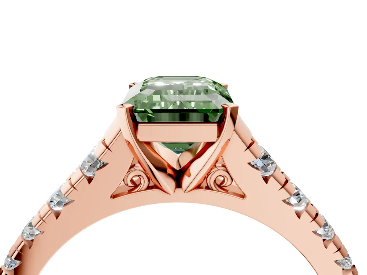 Fancy Green Emerald Cut Diamond Cathedral Solitaire Ring with Round Pavé Band Rose gold