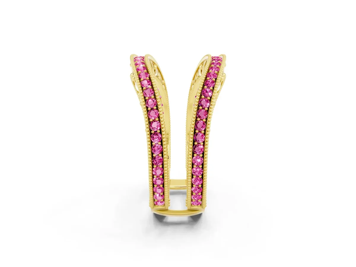 Round Pink Sapphire Milgrain Eternity Band with Channel Setting Yellow gold