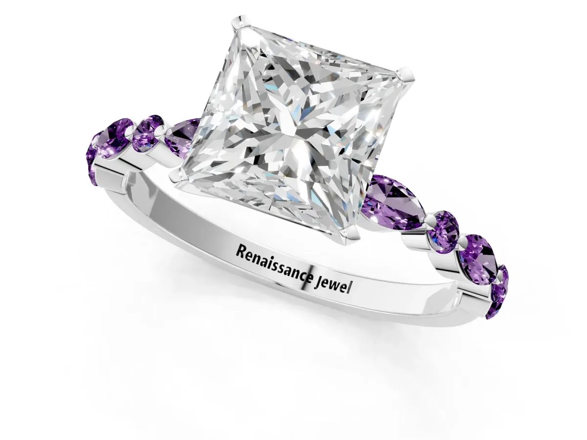 Princess Cut Diamond Ring with Marquise and Round Amethyst Side Stones and Four-Prong Setting Silver