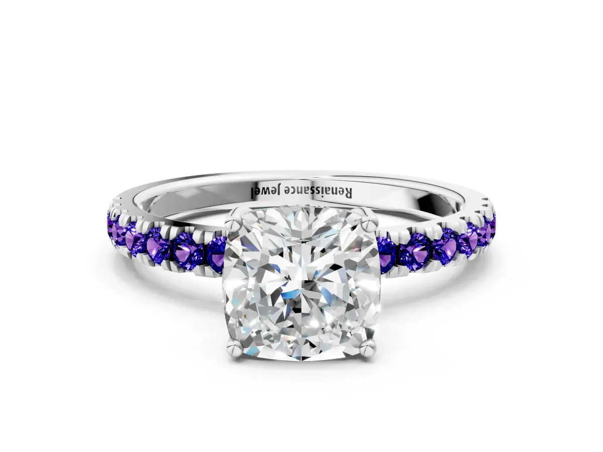 Cushion Cut Diamond Pave Band Solitaire Ring with Round Tanzanite and Prong Setting Platinum
