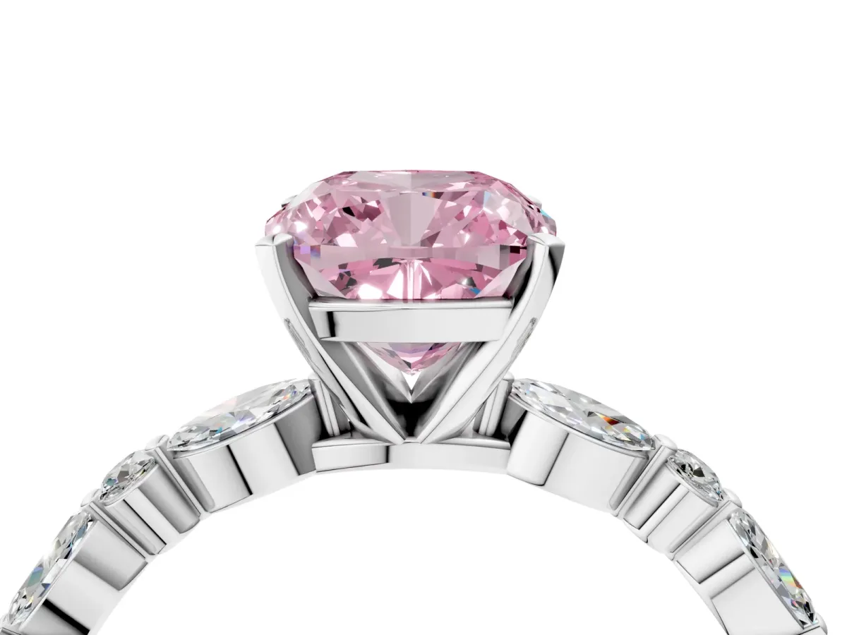 Fancy Pink Cushion Cut Diamond Ring with Marquise and Round Side Stones and Four-Prong Setting Silver