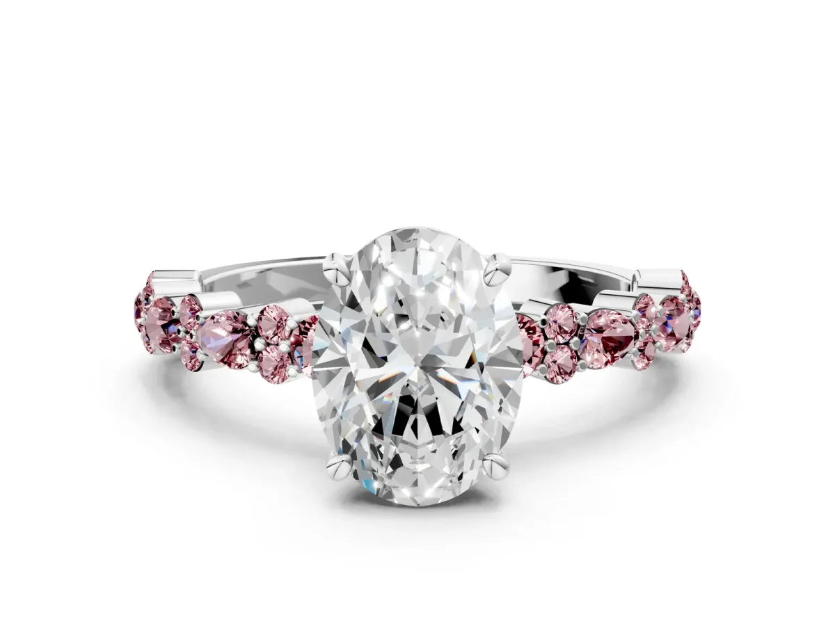 Oval Cut Diamond Side Stone Solitaire Ring with Round Morganite and Four-Prong Setting Platinum