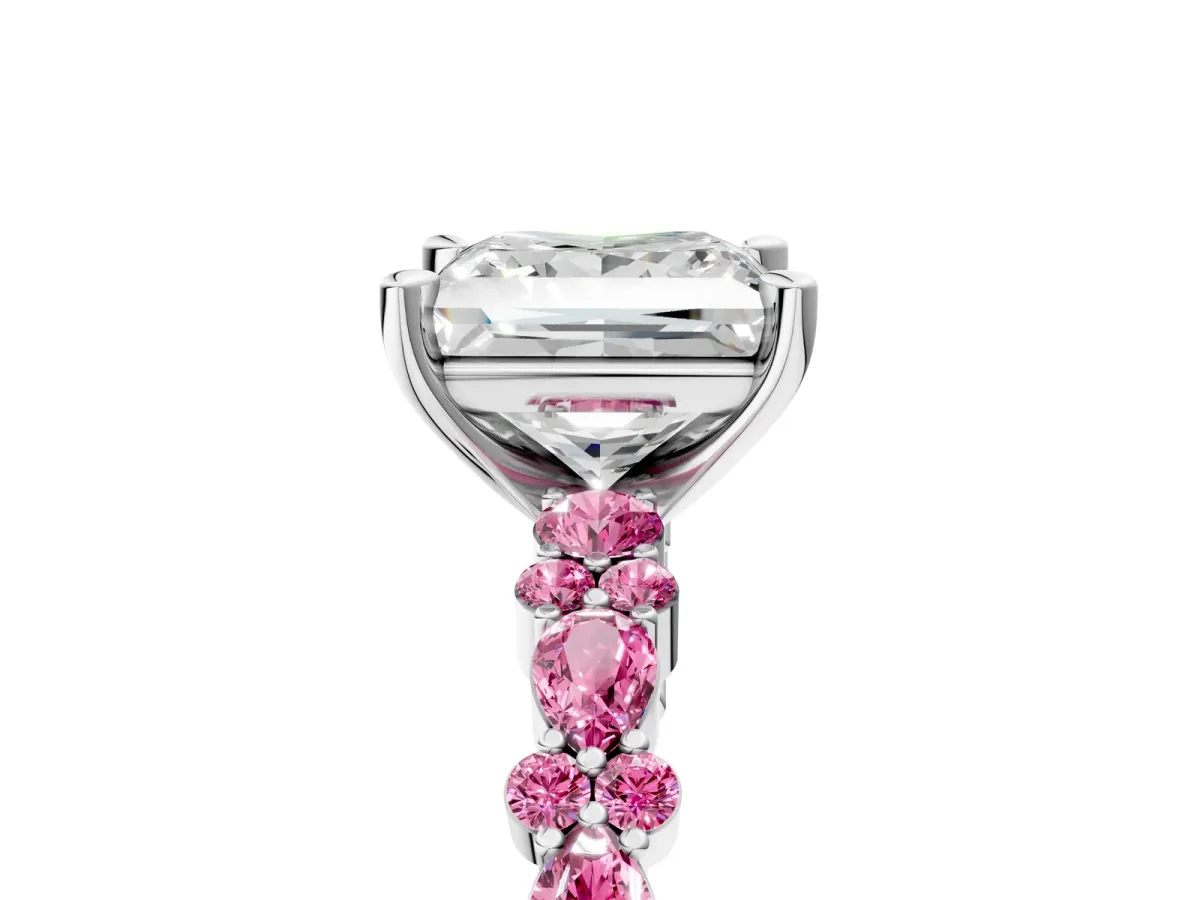 Princess Cut Diamond Side Stone Solitaire Ring with Round Pink Sapphire and Four-Prong Setting Platinum