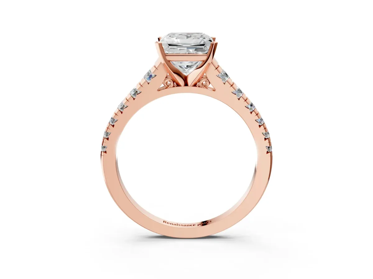 Princess Cut Diamond Cathedral Solitaire Ring with Round Pavé Band Rose gold
