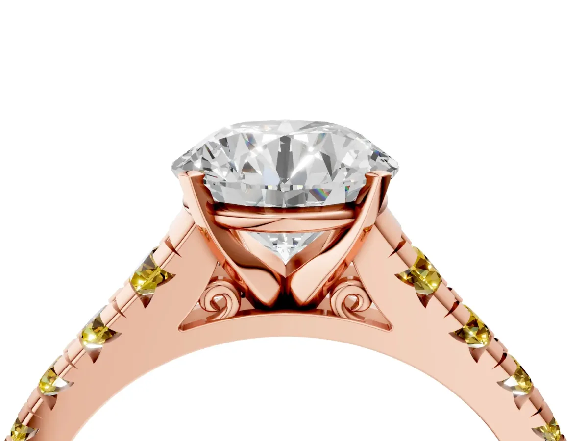 Round Cut Diamond Cathedral Solitaire Ring with Round Yellow Sapphire Pavé Band Rose gold