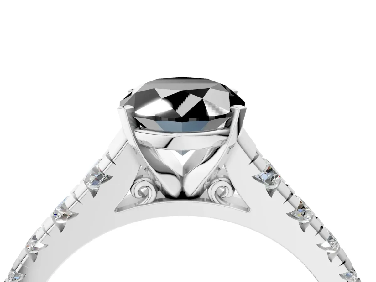 Fancy Black Oval Cut Diamond Cathedral Solitaire Ring with Round Pavé Band Platinum
