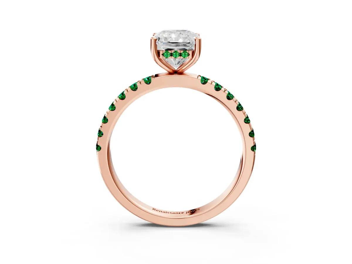 Radiant Cut Diamond Pave Band Solitaire Ring with Round Emerald and Prong Setting Rose gold