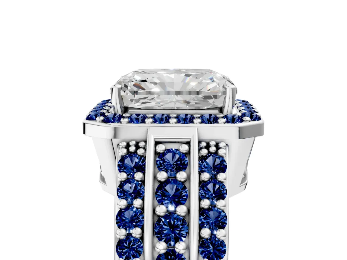 Radiant Cut Halo Diamond Ring with Round Blue Sapphire Split Shank and Prong Setting White gold