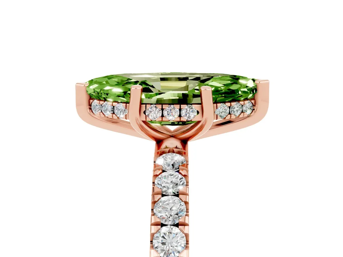 Marquise Cut Peridot Pave Band Solitaire Ring with Round and Prong Setting Rose gold
