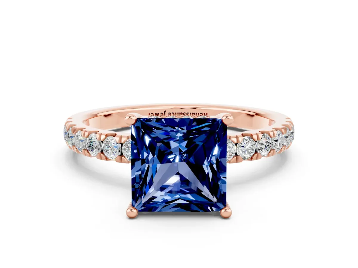 Princess Cut Blue Sapphire Pave Band Solitaire Ring with Round and Prong Setting Rose gold