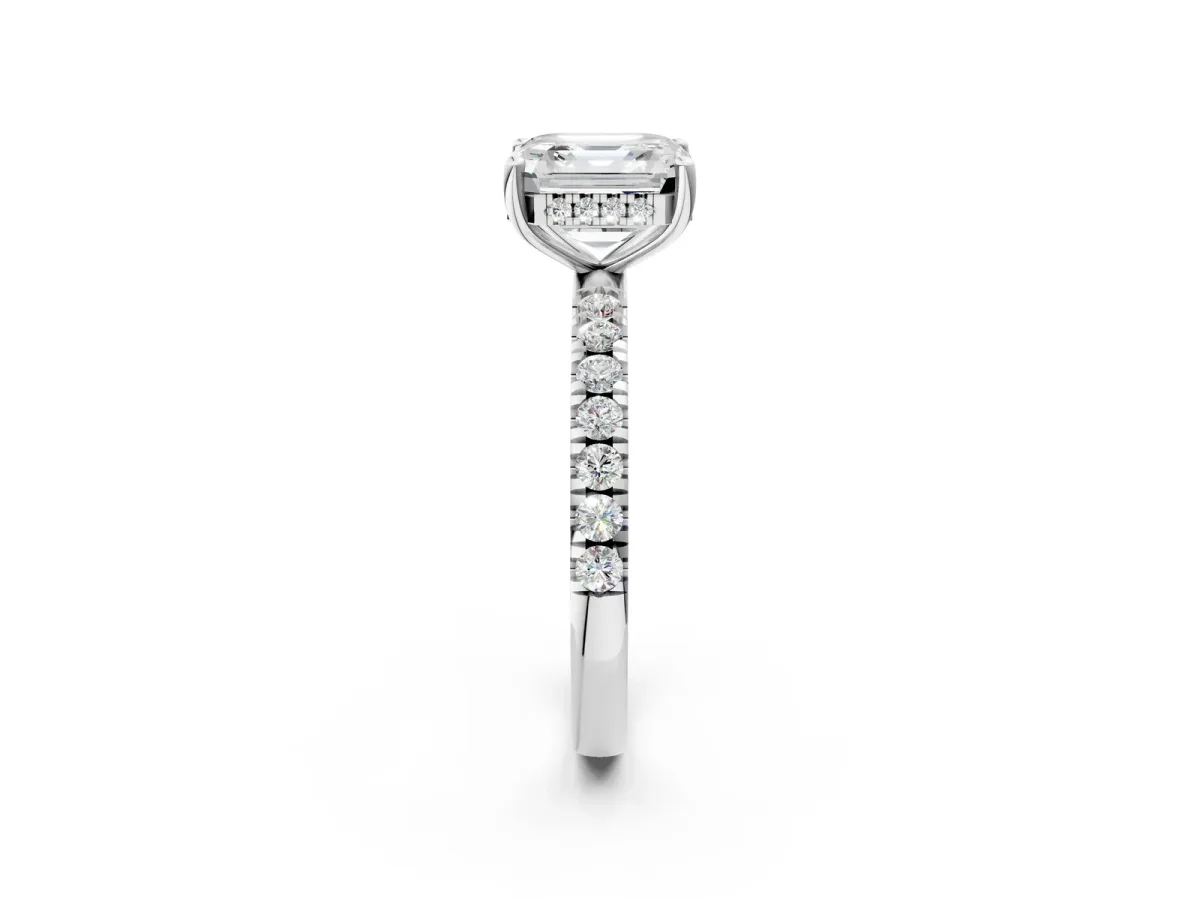 Asscher Cut Diamond Pave Band Solitaire Ring with Round Moissanite and Prong Setting Platinum