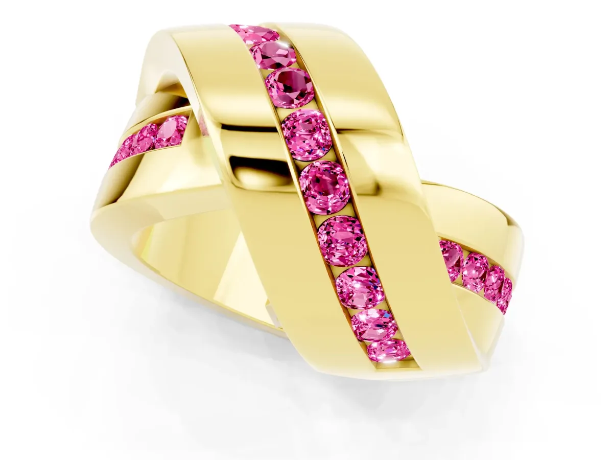 Pavé Round Pink Sapphire Crossover Band with Channel Setting Yellow gold