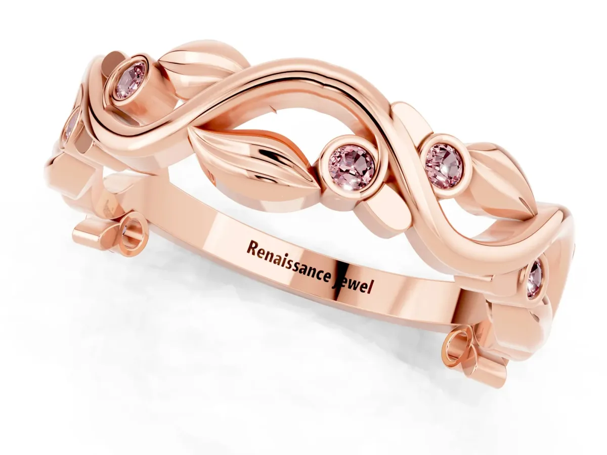 Round Morganite Leaf Eternity Band with Bezel Setting Rose gold