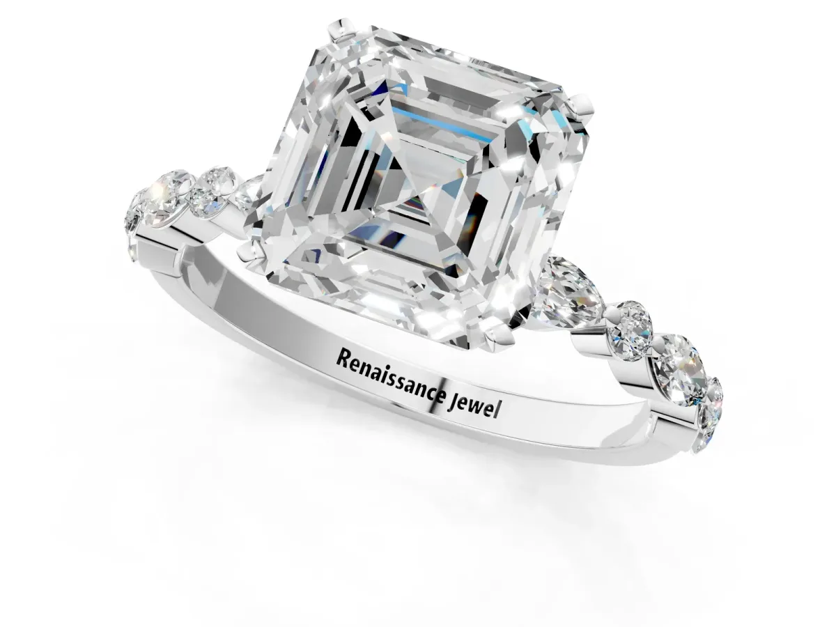 Asscher Cut Diamond Ring with Marquise and Round Side Stones and Four-Prong Setting Platinum