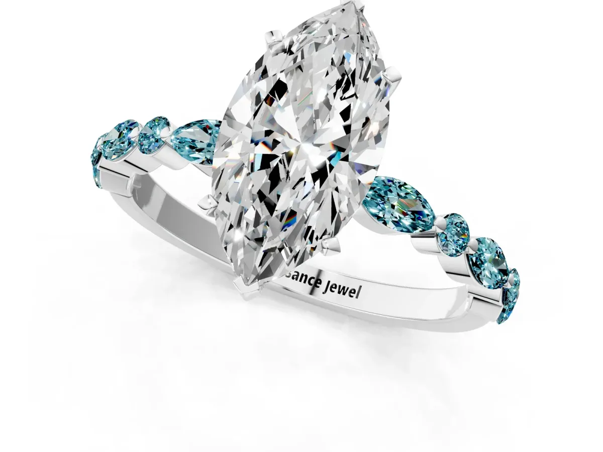 Marquise Cut Diamond Ring with Marquise and Round Blue Topaz Side Stones and Four-Prong Setting Platinum