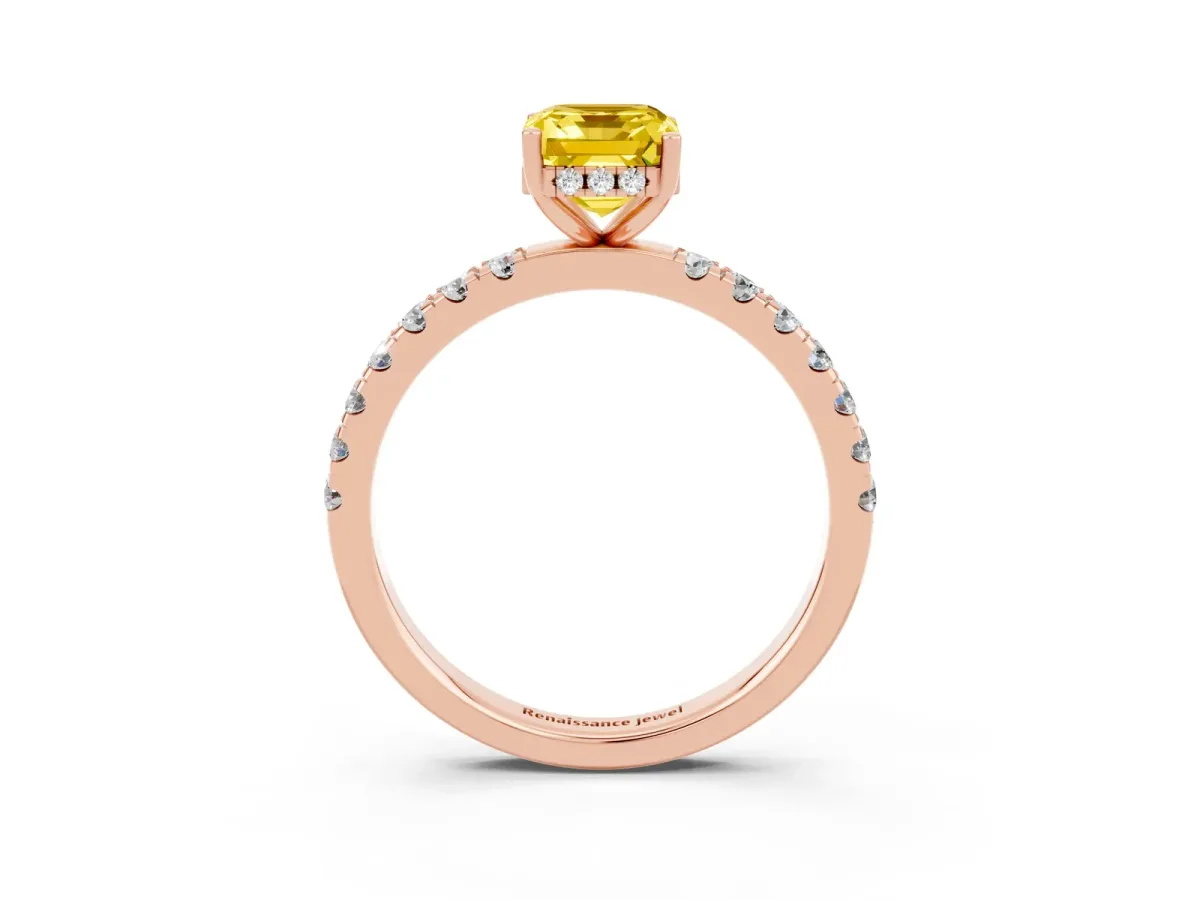 Emerald Cut Yellow Sapphire Pave Band Solitaire Ring with Round and Prong Setting Rose gold