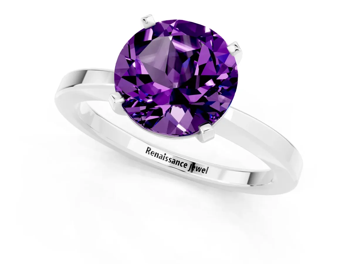 Round Cut Amethyst Solitaire Engagement Ring with Classic Band and Four-Prong Setting White gold