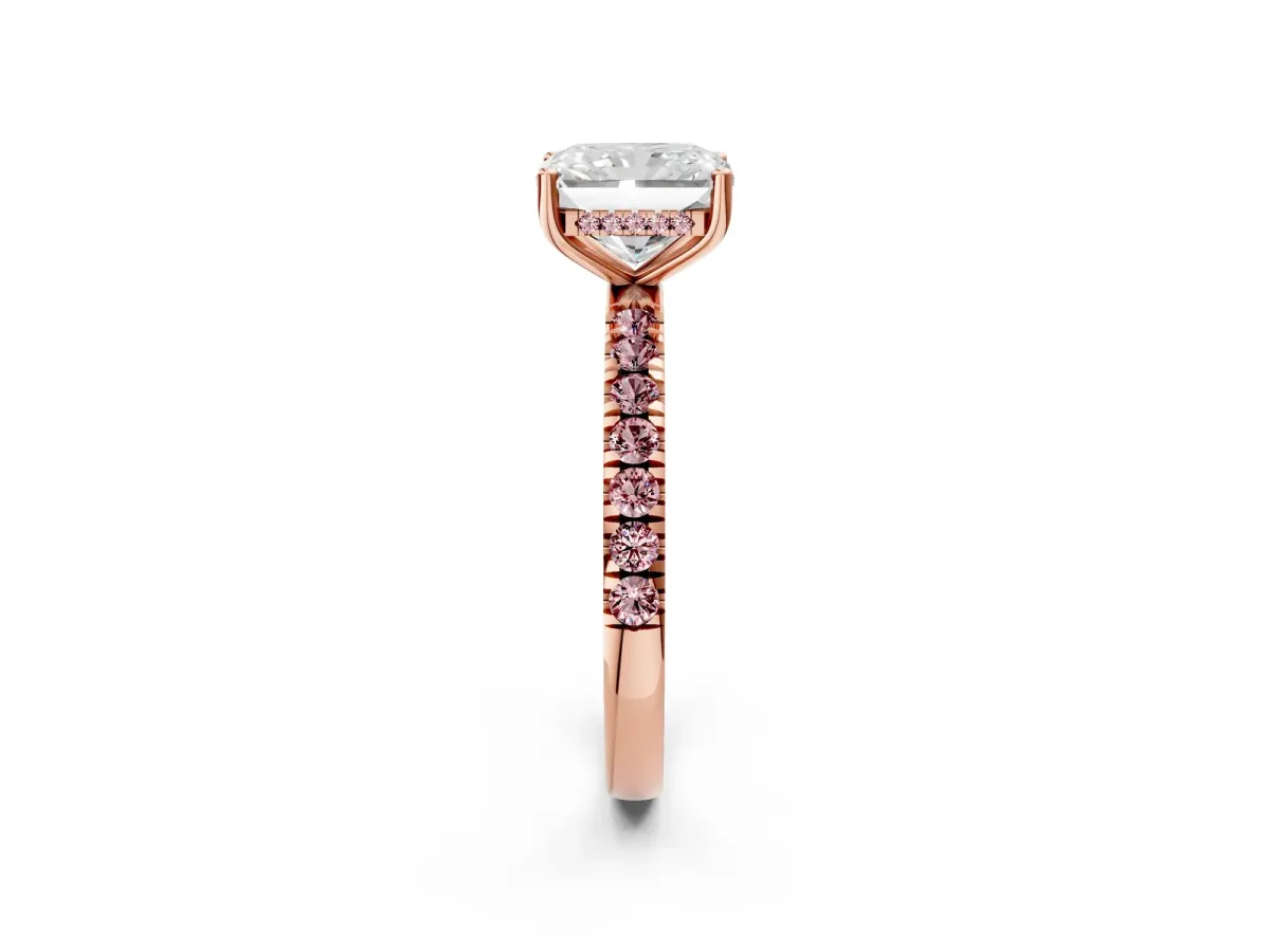 Radiant Cut Diamond Pave Band Solitaire Ring with Round Morganite and Prong Setting Rose gold