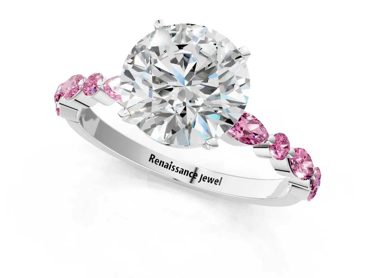 Round Cut Diamond Ring with Marquise and Round Pink Sapphire Side Stones and Four-Prong Setting Silver