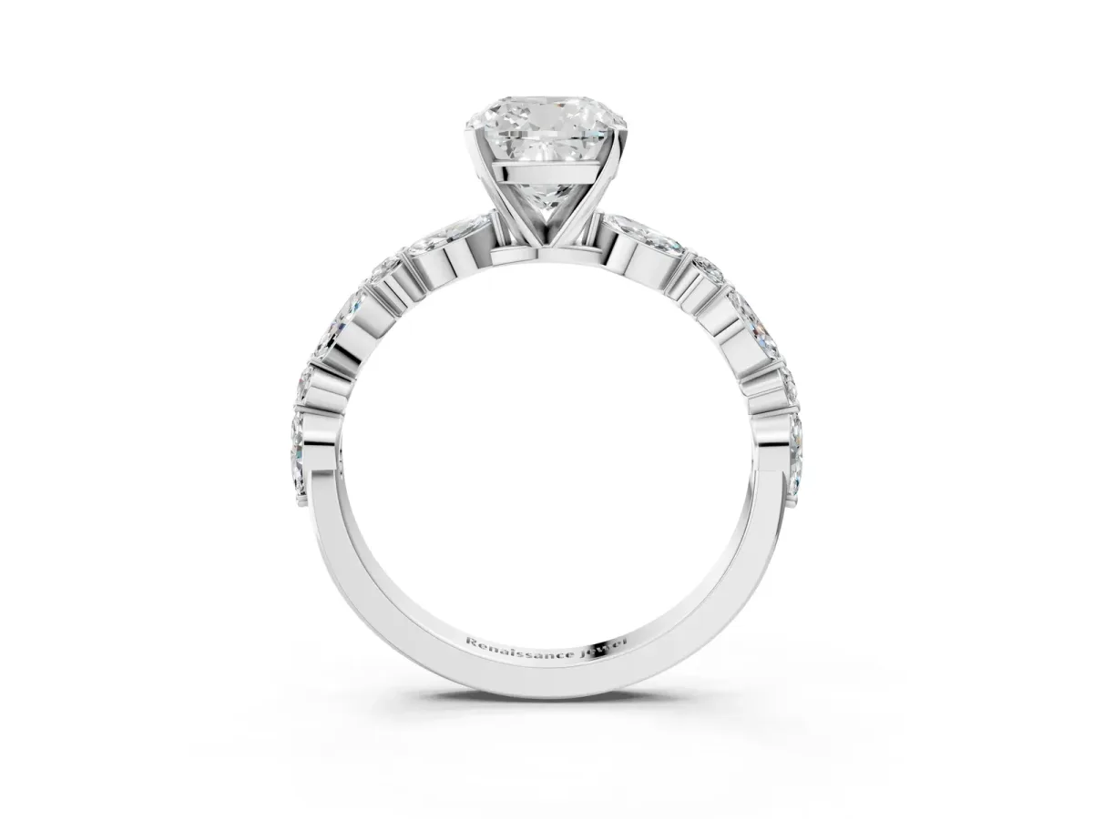 Cushion Cut Diamond Ring with Marquise and Round Moissanite Side Stones and Four-Prong Setting Silver