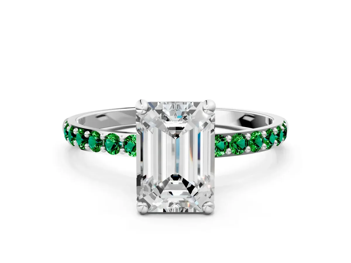 Emerald Cut Diamond Solitaire Ring with Round Emerald Pavé Band and Prong Setting White gold