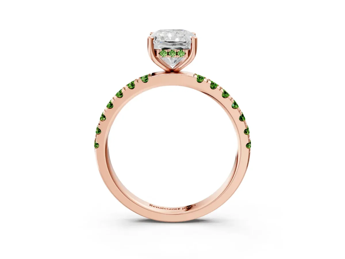 Radiant Cut Diamond Pave Band Solitaire Ring with Round Peridot and Prong Setting Rose gold
