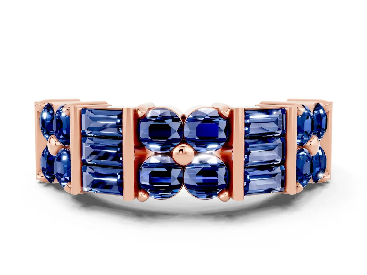 Channel Set Round and Baguette Blue Sapphire Anniversary Band with Prong Setting Rose gold