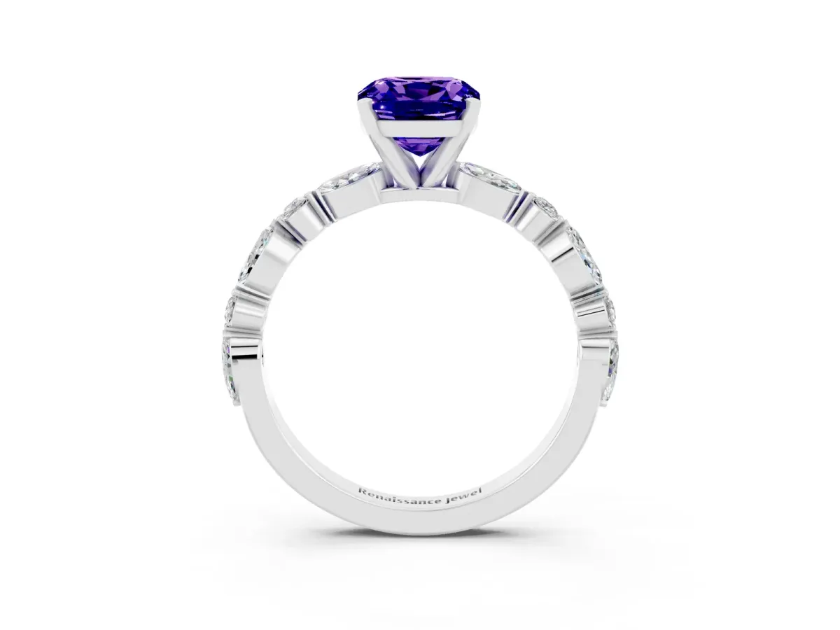 Cushion Cut Tanzanite Ring with Marquise and Round Side Stones and Four-Prong Setting Silver
