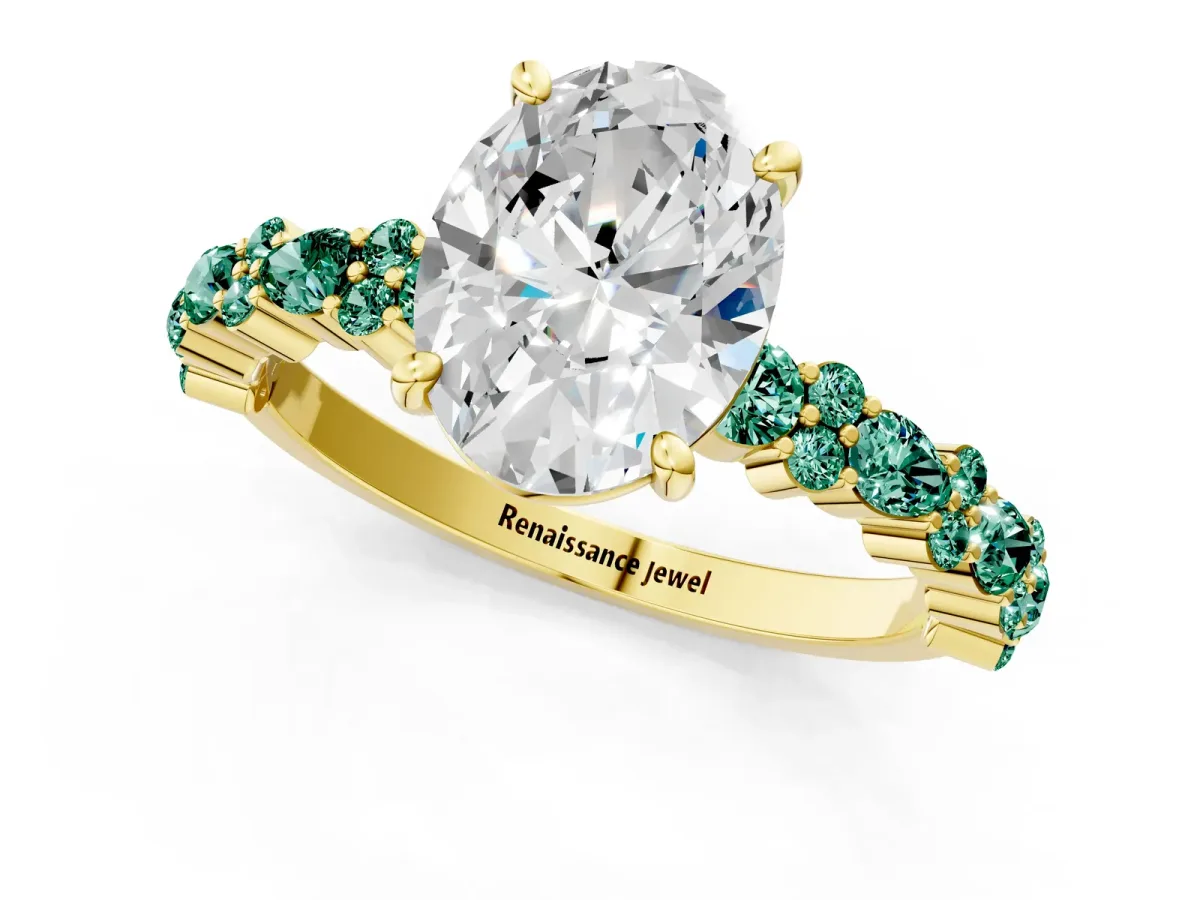 Oval Cut Diamond Side Stone Solitaire Ring with Round Green Sapphire and Four-Prong Setting Yellow gold