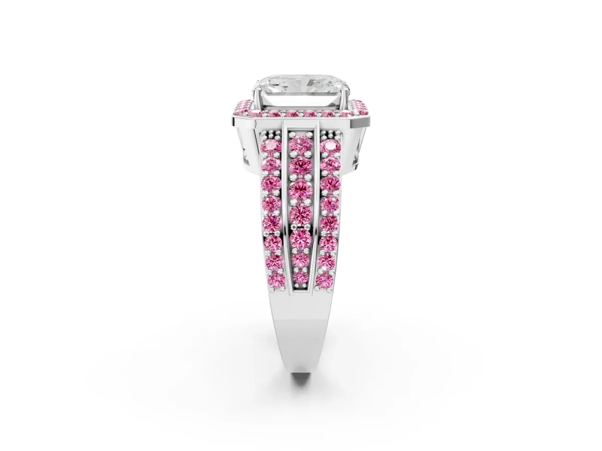 Radiant Cut Halo Diamond Ring with Round Pink Sapphire Split Shank and Prong Setting Silver