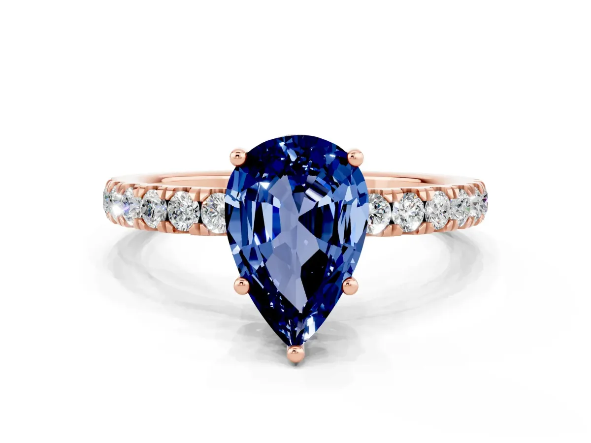 Pear Cut Blue Sapphire Pave Band Solitaire Ring with Round and Prong Setting Rose gold
