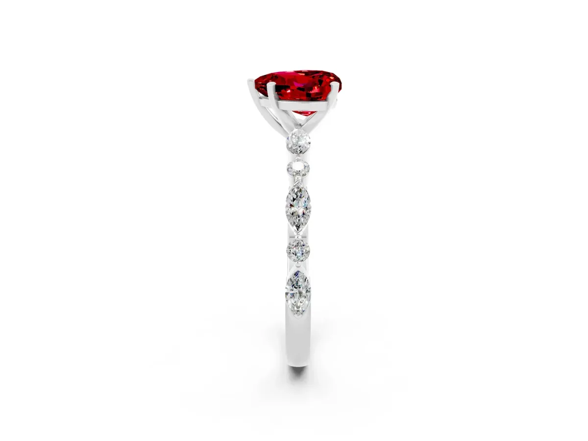 Heart Cut Ruby Ring with Marquise and Round Side Stones and Four-Prong Setting White gold