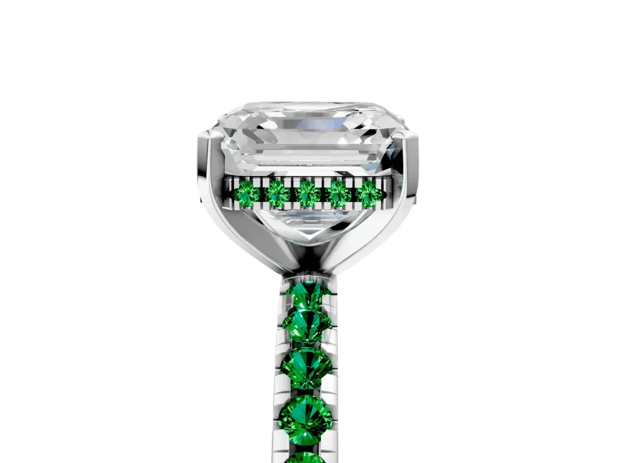 Asscher Cut Diamond Solitaire Ring with Round Emerald Pavé Band and Four-Prong Setting Silver