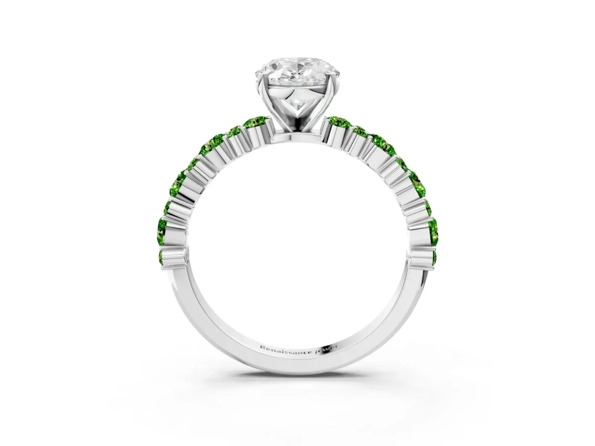 Oval Cut Diamond Side Stone Solitaire Ring with Round Peridot and Four-Prong Setting Silver