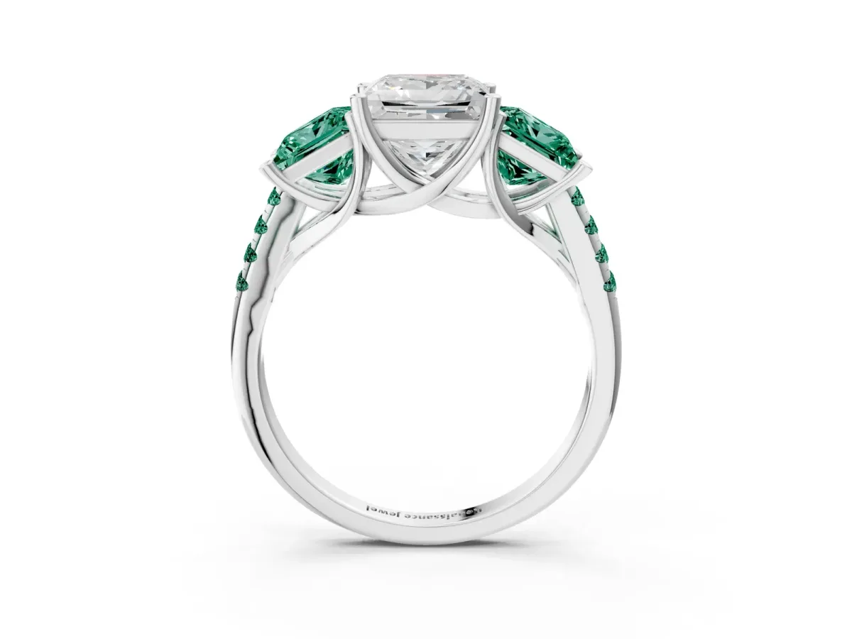 Three-Stone Princess Cut Diamond Ring with Round Green Sapphire Pavé Band and Prong Setting Silver