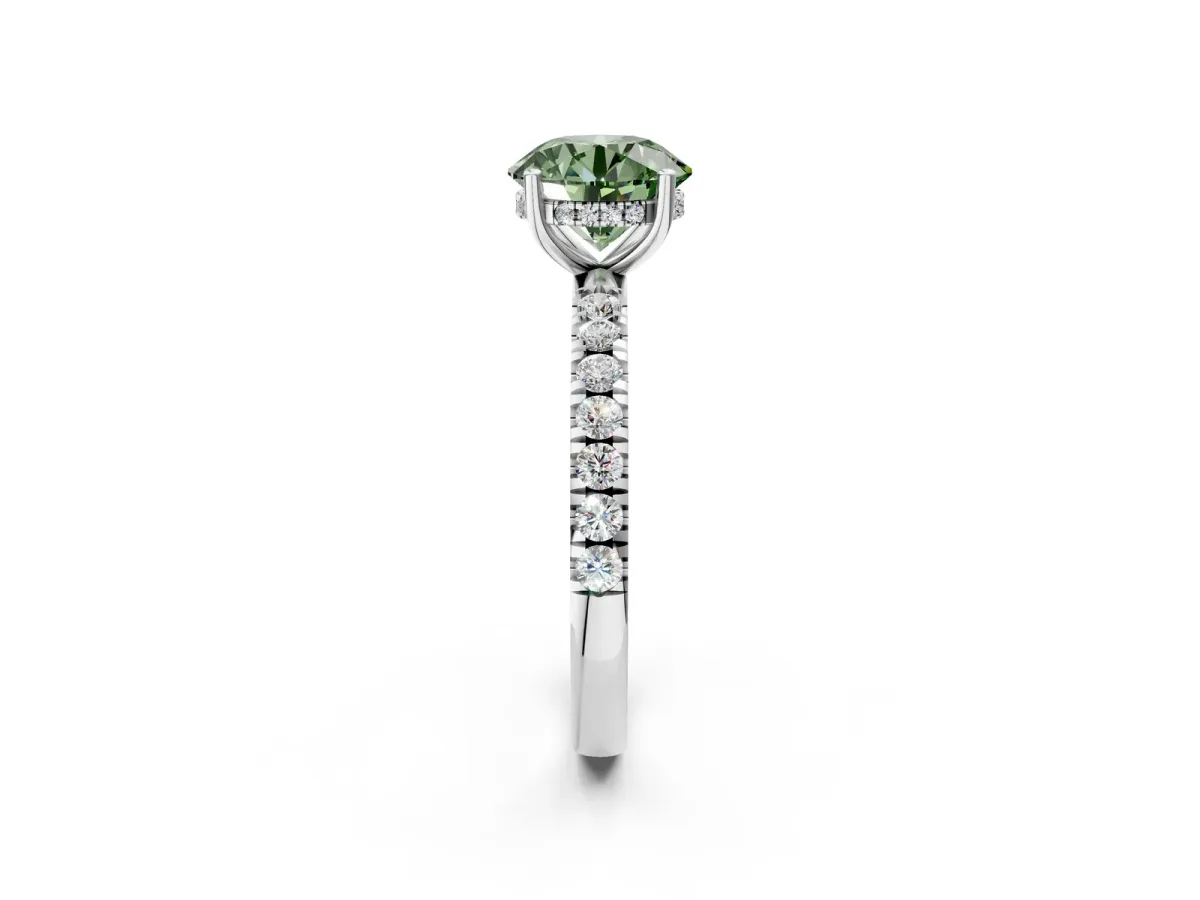 Fancy Green Round Cut Diamond Pave Band Solitaire Ring with Round and Prong Setting Platinum