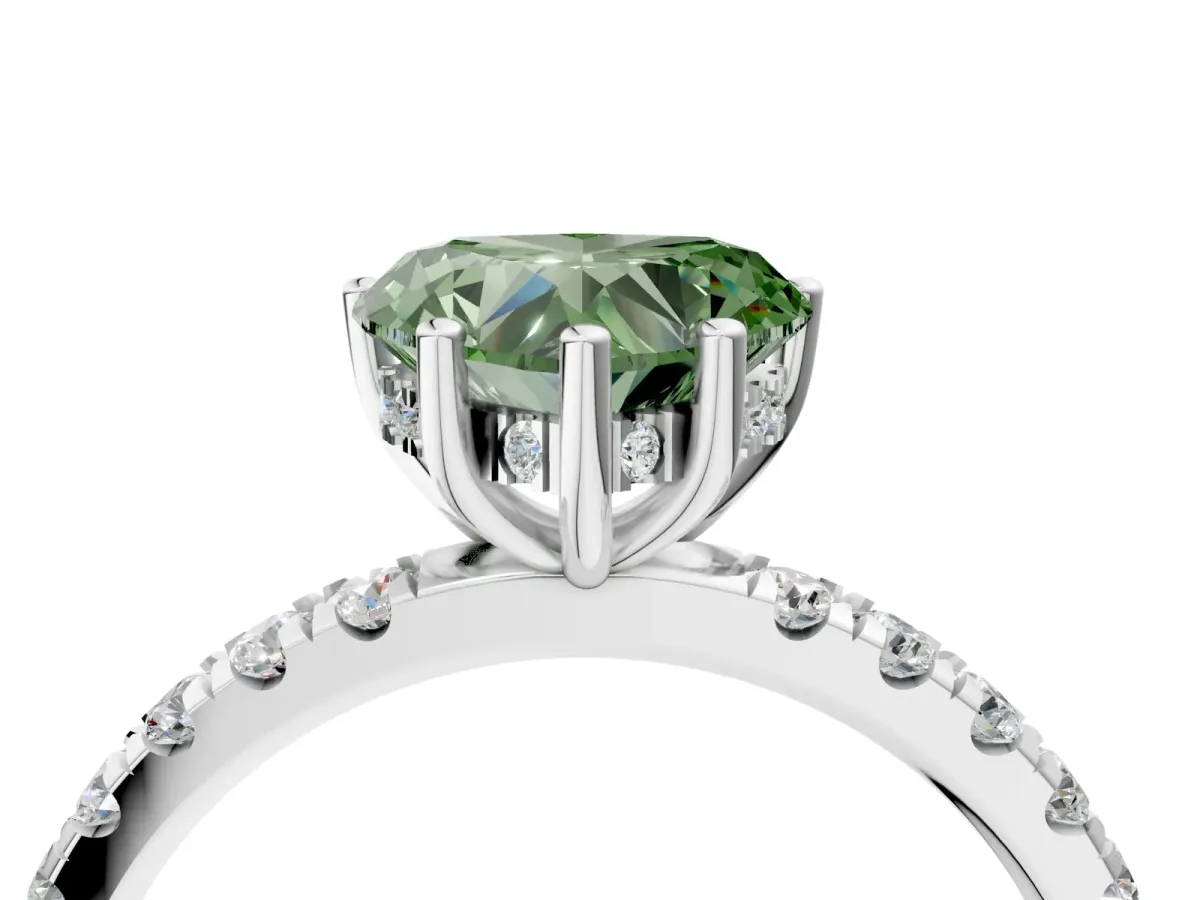 Fancy Green Heart Cut Diamond Pave Band Solitaire Ring with Round and Prong Setting Platinum