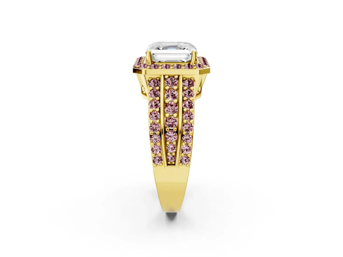 Asscher Cut Halo Diamond Ring with Round Morganite Split Shank and Prong Setting Yellow gold