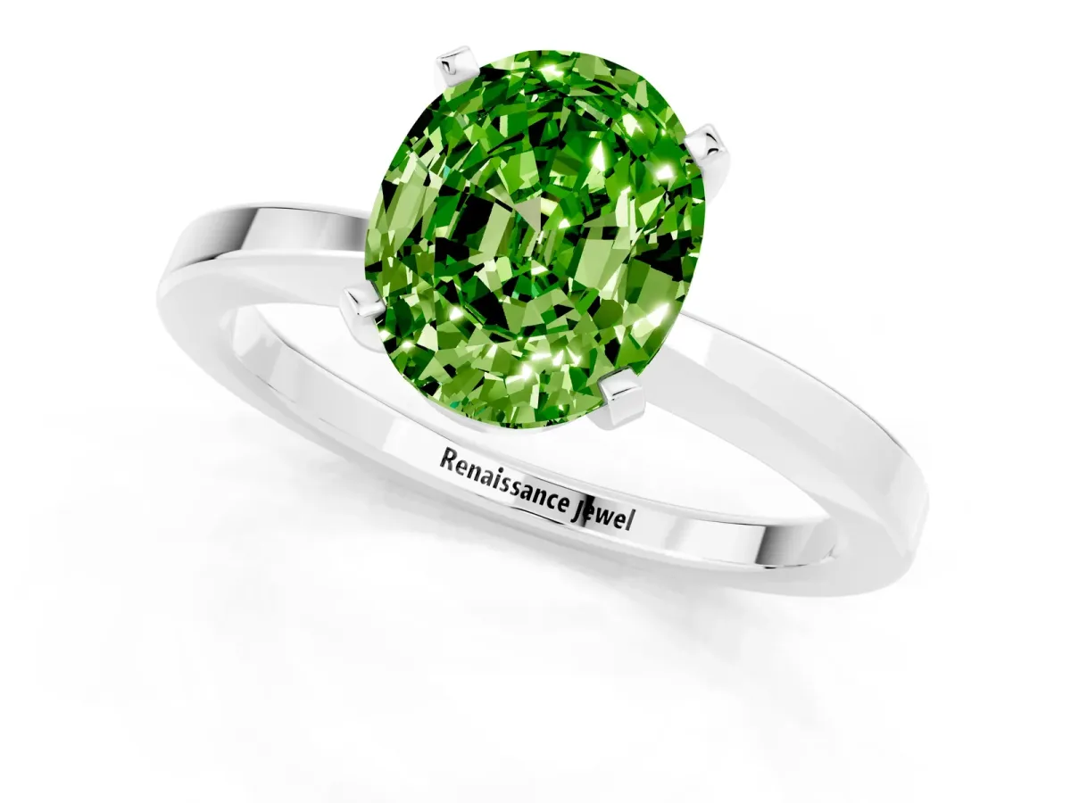 Oval Cut Peridot Solitaire Engagement Ring with Classic Band and Four-Prong Setting Platinum