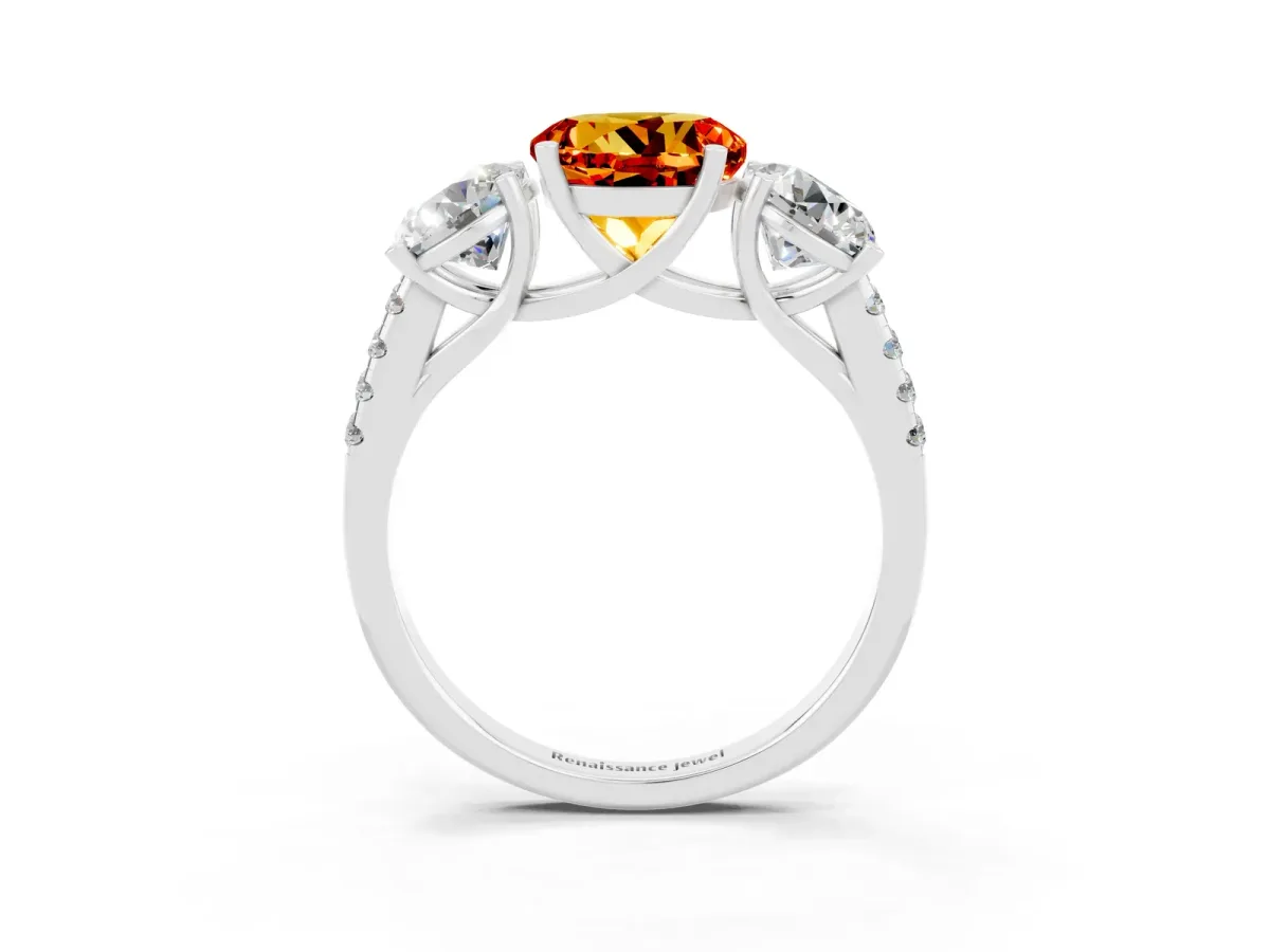 Three-Stone Round Cut Citrine Ring with Round Pavé Band and Prong Setting Silver
