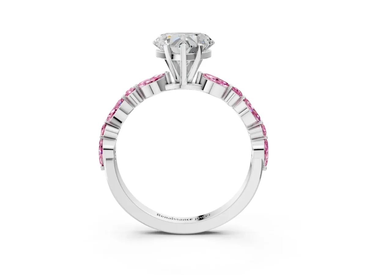 Heart Cut Diamond Ring with Marquise and Round Pink Sapphire Side Stones and Four-Prong Setting Silver