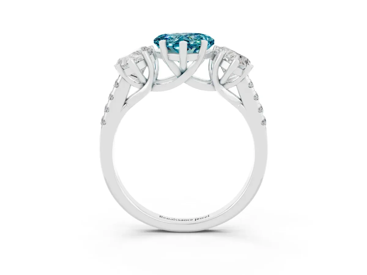 Three-Stone Heart Cut Blue Topaz Ring with Round Pavé Band and Prong Setting Silver